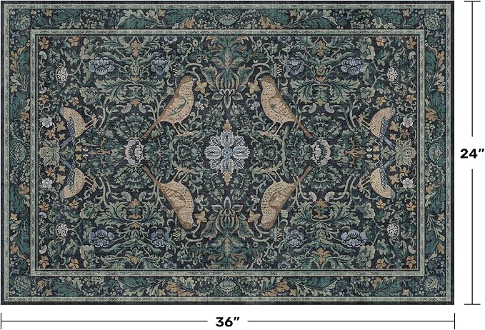 Washable Floral Small 2x3 Dark Blue Entryway Rugs Indoor, Botanical Bird