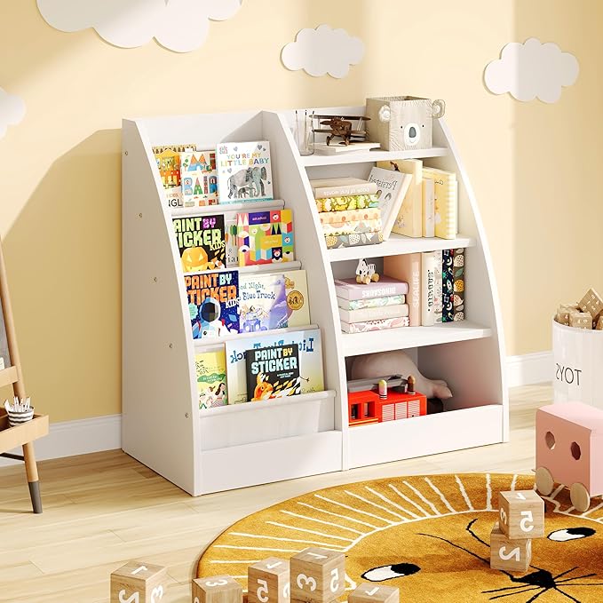 4 Tier Kids Bookshelf, 4 Layer Sling Kids Book Shelf for Kids Rooms,Wood Children Bookcase,Baby Storage Book Rack,Toddler Bookshelf, Book and Toy Organizer,Book Display Shelf for Bedroom, Nursery