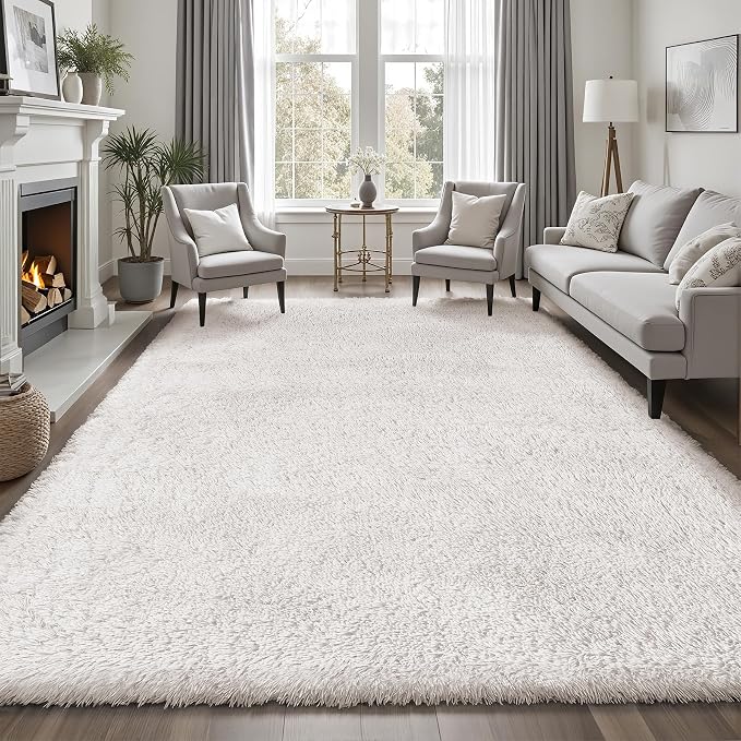 Area Rug for Living Room Bedroom: 9x12 White Soft Fluffy Shag Upgrade Non-Slip