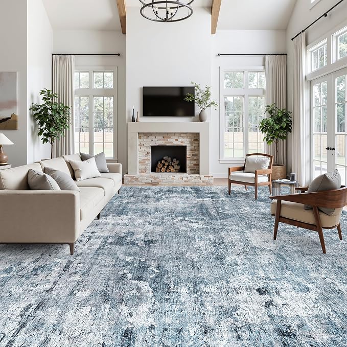 Soalmost 12x15 Washable Area Rug Blue/Grey Neutral Abstract Living Room Large