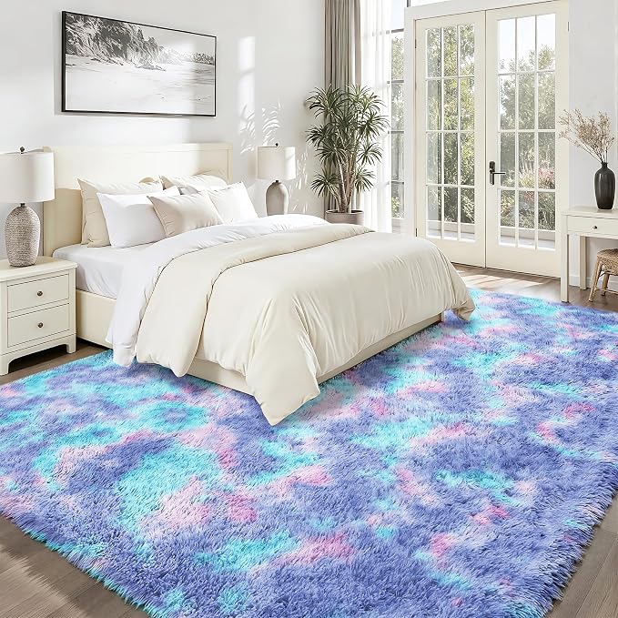 Rainbow Fluffy Rugs for Girls Bedroom: 9x12 Large Shag High Pile Area Rug