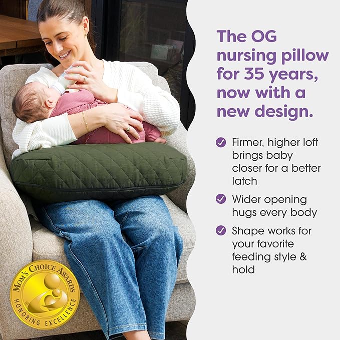 Boppy Nursing Pillow with Luxe Fabric Cover, Quilted Moss, Larger, More Supportive Pillow for Breastfeeding and Bottle Feeding; Firmer and Higher Than Original, w/Premium Cover; JPMA Certified