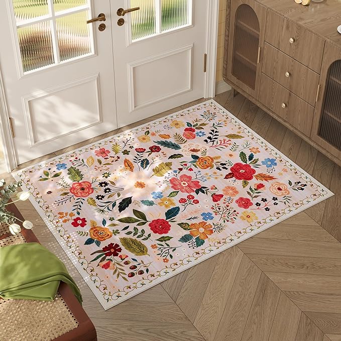 Rugcomf Door Mat Indoor Entrance 2x3 Rug Machine Washable Boho Floral Small