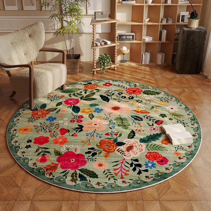 Rugcomf Round Rug 4ft Washable Circle Rug Non Slip Low Pile Boho Floral Small