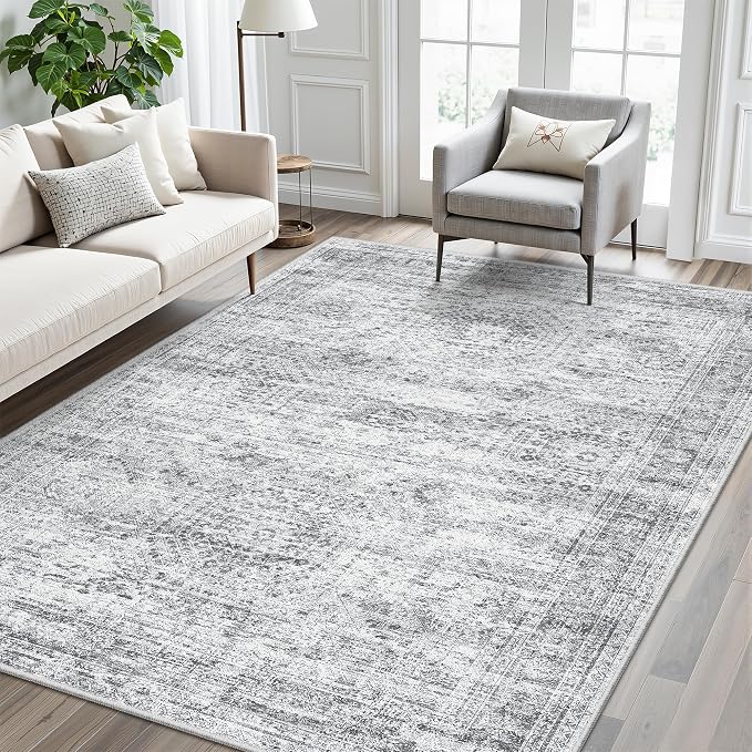 Soalmost 5x8 Area Rugs Grey Low Pile Indoor Washable Trendy Faded Style Rugs