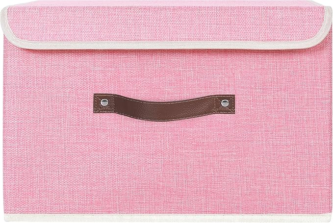 ANMINY Storage Bin with Lid Storage Boxes with PU Leather Handles PP Plastic Board Decorative Foldable Lidded Cotton Linen Fabric Home Cubes Baskets Closet Organizer Container - Pink, Large Size