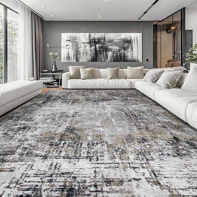 10x14 Area Rugs Large Living Room Rug Washable: Modern Abstract Rug Indoor Modern Carpet Non Slip for Dining Room Bedroom Nursery Home Office Black Gold