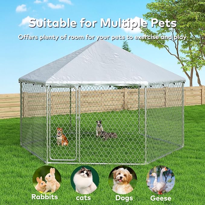 6.8x6.8 FT Large Outdoor Dog Kennel Outside with Heavy-Duty Steel Frame, Waterproof UV-Resistant Cover, Secure Lock, and Hexagonal Wire Fence