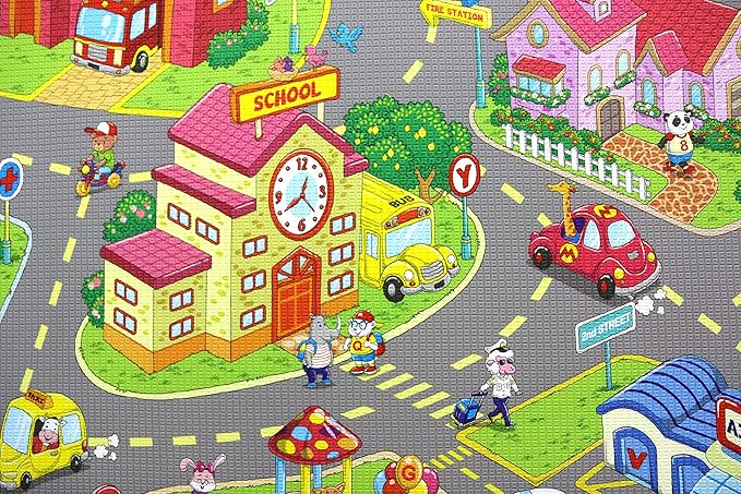 Baby Care Play Mat (Medium, Playful - Zoo Town) 73’’ x 49’’ Original One-Piece Reversible Rollable Waterproof Play Mat for Infants, Babies, Toddler, and Kids