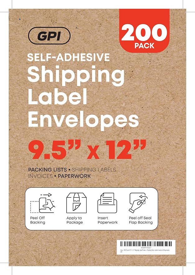 100 Count 9.5" x 12" Shipping Label Envelopes, Clear Packing List Pouches with Self-Adhesive Back, Top Loading for Shipping Labels Sleeves, for Packing Slips, Labels Invoices & Paperwork. GPI
