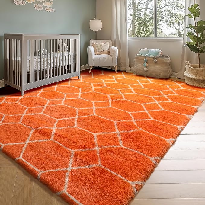 ONASAR Area Rugs for Bedroom Living Room, Washable 4x6 Fluffy Orange and White Throw Rug, Geometric Soft Shaggy Fuzzy Plush Indoor Floor Carpet for Kids Teen Nursery Dorm Office Home Decor Aesthetic