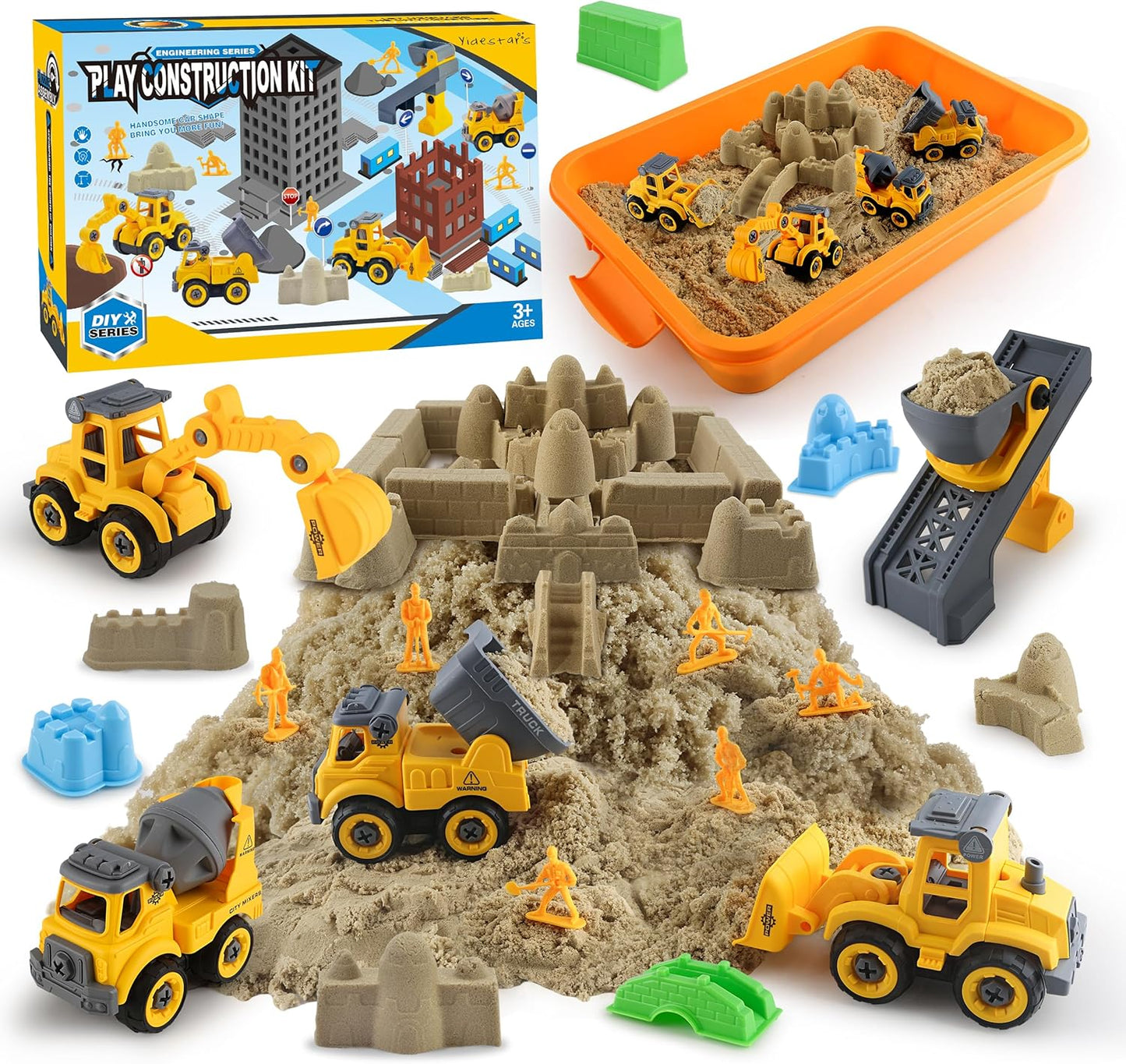 Construction Sandbox with Lid - 4 Vehicles with 1 Conveyor, 8 Castle Molds, 6 Figures & 3lbs Moldable Sand - Preschool Sensory Bin for Fine Motor Skills, Ages 3-6