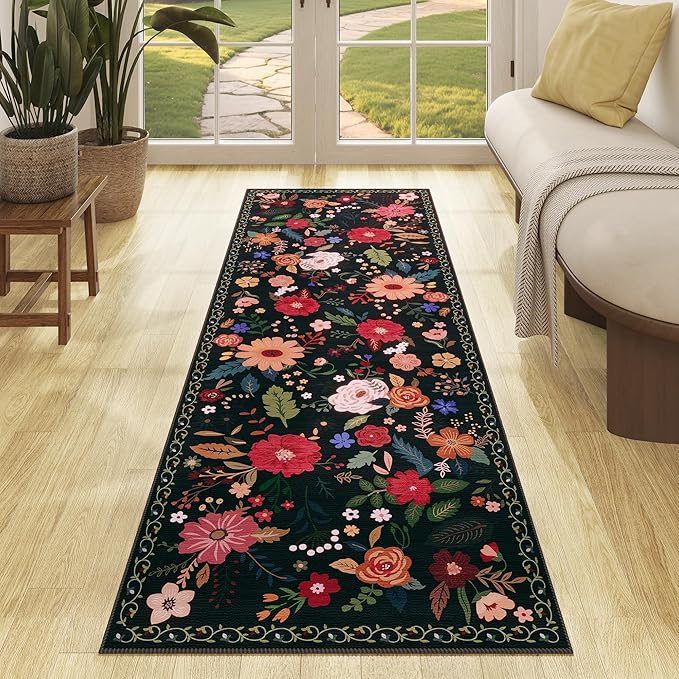 Rug Runners 2x6, Floral Washable Kitchen Rugs for Hallways Area Rugs, Non Slip Long Rug Low Pile Entrance Doormat, Flower Carpet for Kitchen, Entryway Indoor, Bedroom, Bathroom, Laundry, Black