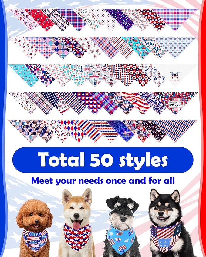 PET SHOW 50 Pack 4th of July Dog Bandanas Bulk Washable American Flag Dog Patriotic Scarves for Small Medium Dogs Puppy Star&Stripe Triangle Bibs Kerchief Set Cats Pet Girl Boy Grooming Accessories