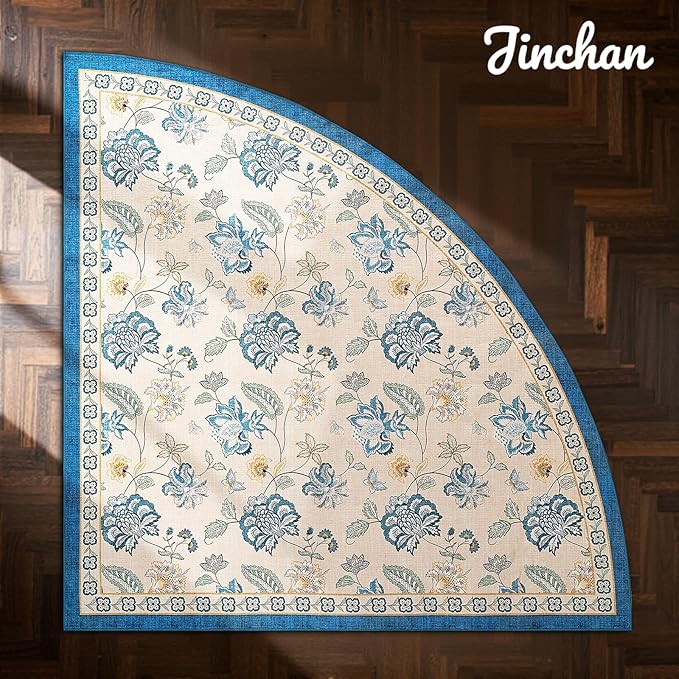 jinchan Floral Corner Rug for Entryway Washable Kitchen Rug Vintage Romance Design Non Slip Quarter Circle Lightweight Low-Pile Throw Carpet for Playroom Reading Nook Nursery, 4ft Radius, Blue/Beige