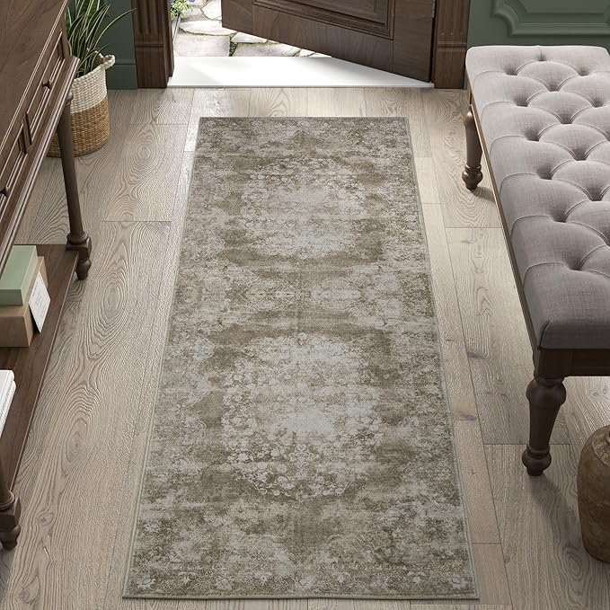 jinchan Vintage Floral Runner Rug 2x6 - Machine Washable Distressed Design Non-Slip Low-Pile Soft Thin Carpet for Hallway Kitchen Farmhouse Bedroom Entryway Laundry Room (2x6ft,Brown)