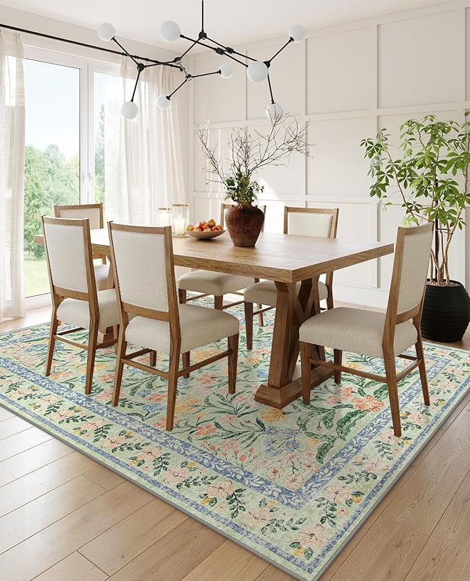 Wonnitar Boho Washable Rugs 8x10, Large Floral Rugs for Bedroom, 8 x 10 Soft Green Living Room Carpet, Non Slip Ultra-Thin Carpet for Kids Playroom Dorm Dining Room