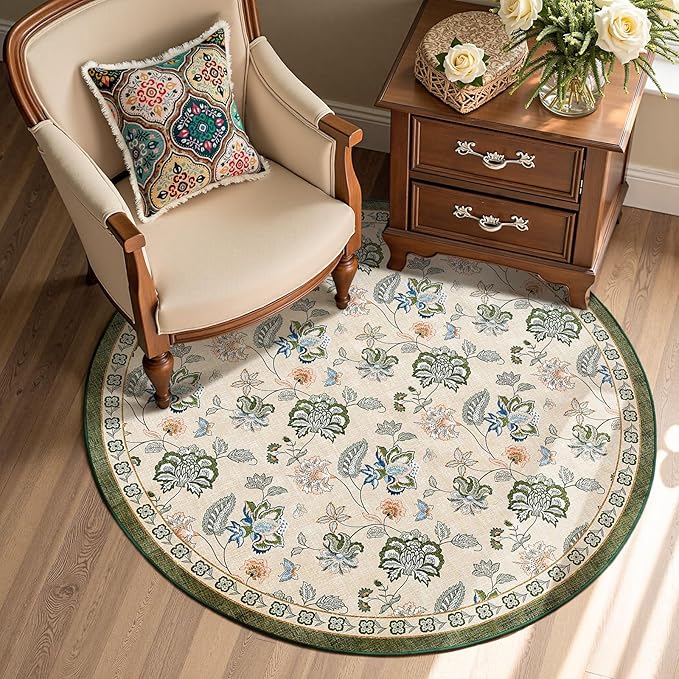jinchan 4ft Floral Round Rug for Entryway Washable Kitchen Rug Vintage Romance Design Non Slip Indoor Doormat Lightweight Low-Profile Throw Carpet for Living Room Dining Room Bedroom, Green/Beige
