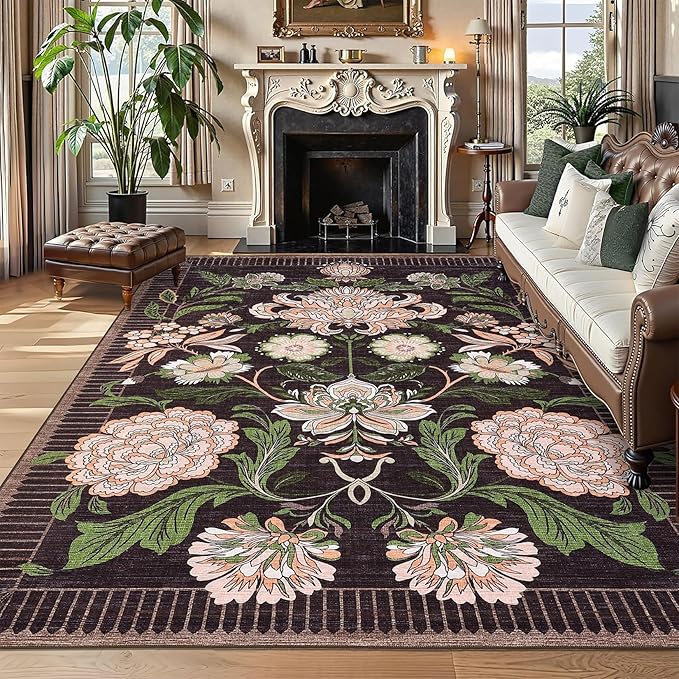GarveeHome Plum Pink Floral Botanical Washable 8x10 Area Rug for Living Room Soft Black Purple Vintage Boho Cottage Large Rugs Low Pile Carpet for Bedroom Dining Nursery Rug
