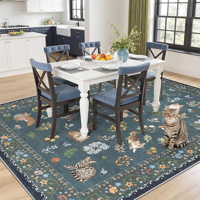 Soalmost Cat 5x7 Area Rugs for Living Room, Machine Washable Animal Floral