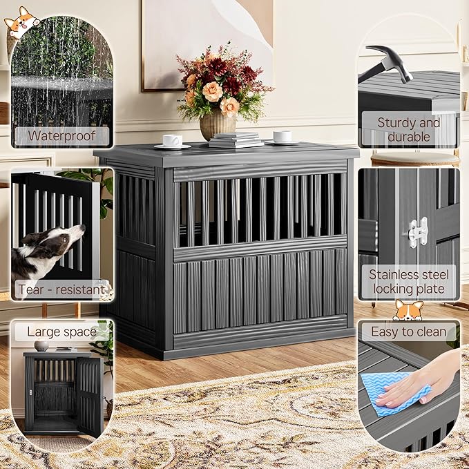 Fancyango 40-Inch Heavy Duty Dog Crate Furniture Lockable Indoor Outdoor Kennel & End Table for Small/Large Dogs Decorative Plastic Pet Cage in Black
