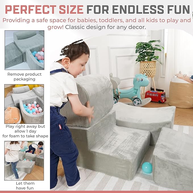 Foam Climbing Blocks for Toddlers 1-3 - Baby Climb and Crawl Activity Playset - Indoor Activity Play Structure for Toddlers - Foam Soft Play Set for Babies - Balls NOT Included - Gray