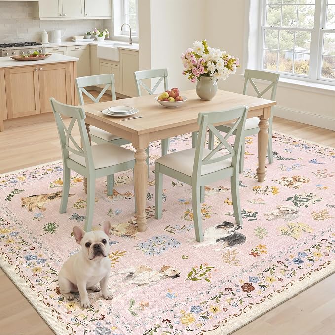 Soalmost Dog 6x9 Area Rugs for Living Room, Machine Washable Animal Floral