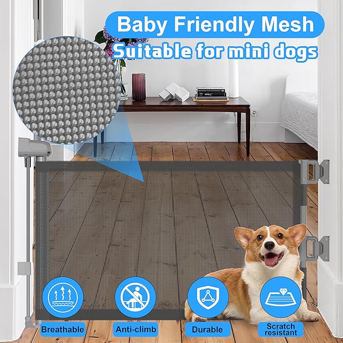 14" H Short Dog Gate Pet Gates Puppy Gate 59" Wide Step Over Pet Fence, Mesh Retractable Indoor Outdoor Expands Up to 59 Inches Small Dog Gates for Doorways Stairs(Gray)