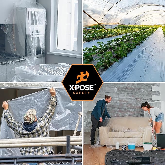 Xpose Safety Clear Plastic Sheeting 2 Pack – 10' x 100' Rolls – Heavy Duty 10 Mil Poly Sheet – Waterproof, Dustproof, Vapor Barrier – for Construction, Painting, Industrial Use