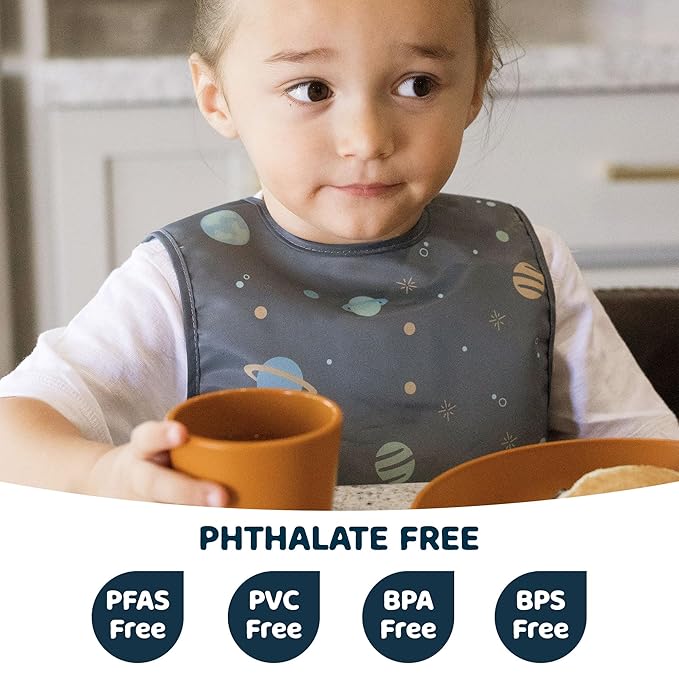 Tiny Twinkle Mess Proof Baby Bib - Waterproof & Lightweight Baby-Led Weaning Apron | 100% Recycled Polyester, Easy Clean & Machine Washable (Space, Small 6-24 Months)