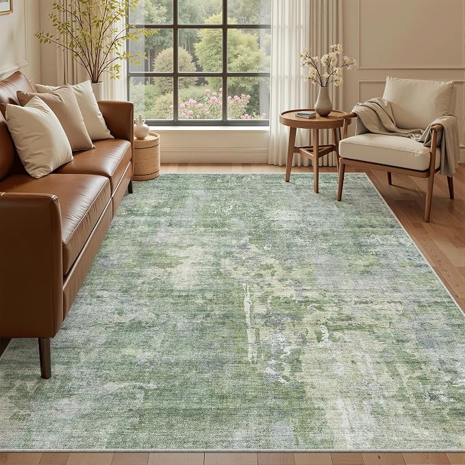 Soalmost 5x8 Area Rugs Green/Ivory Low Pile Indoor Washable Trendy Faded Style