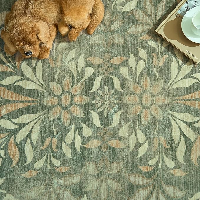 jinchan Vintage Floral Runner Rug 2x6 - Machine Washable Distressed Design Non-Slip Low-Pile Soft Thin Carpet for Hallway Kitchen Farmhouse Bedroom Entryway Laundry Room (2x6ft,Dark Green)
