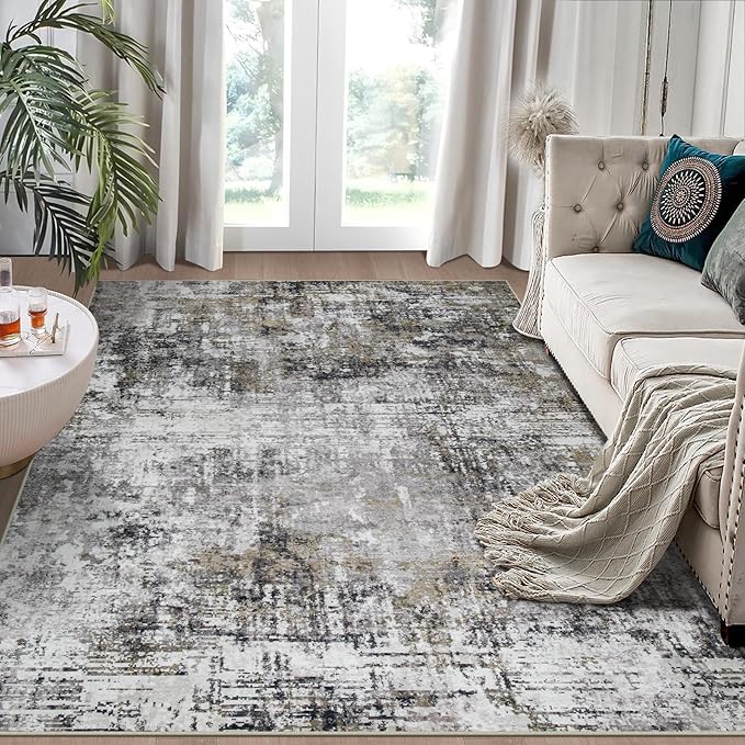 5x7 Area Rugs for Living Room Rug Washable: Modern Rug for Dining Room Bedroom Carpet Non Slip Low Pile 5 by 7 Indoor Abstract Nursery Home Office Black Gold