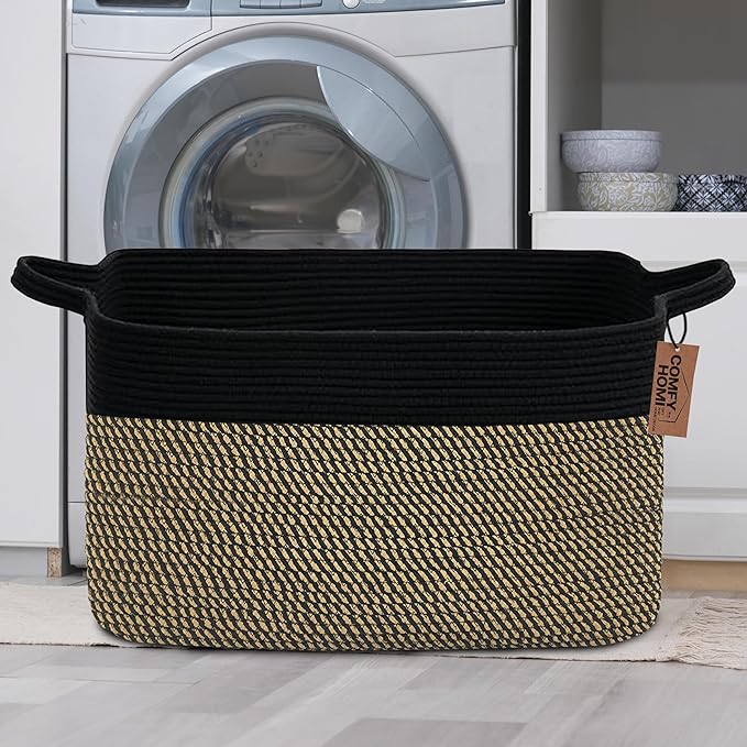 COMFY-HOMI Large Rectangular Blanket, Cotton Rope Woven for Storage, LaundryHamper, Storage,Toy Organizing Bin with Handle, Organizer and Storage-22x15x12-Black/Jute