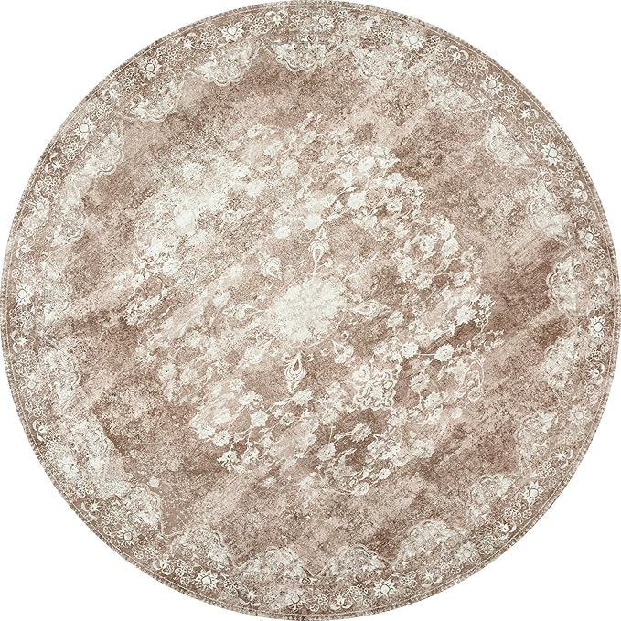jinchan Round Rug 7ft Area Rug - Brown Vintage Floor Mat Kitchen Indoor - Washable Circle 7' Thin Floral Print Carpet Retro Farmhouse Non Slip Dining Room Living Room Bedroom Office