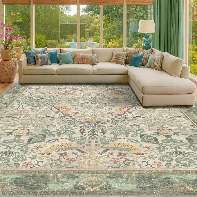 Floral Washable Large Rugs for Bedroom 10x14