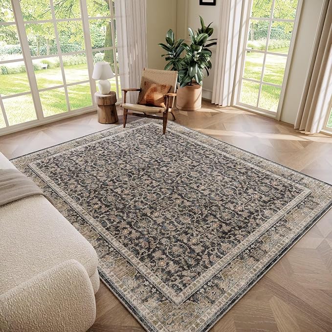 Washable 5x7 Area Rugs for Living Room, Boho Non-Slip Silicone Backing Rugs for Bedroom Dining Room Nursery Office, 0.3" Neutral Oriental Throw Carpet with 0.16" Cushioning Pad, Black/Multi