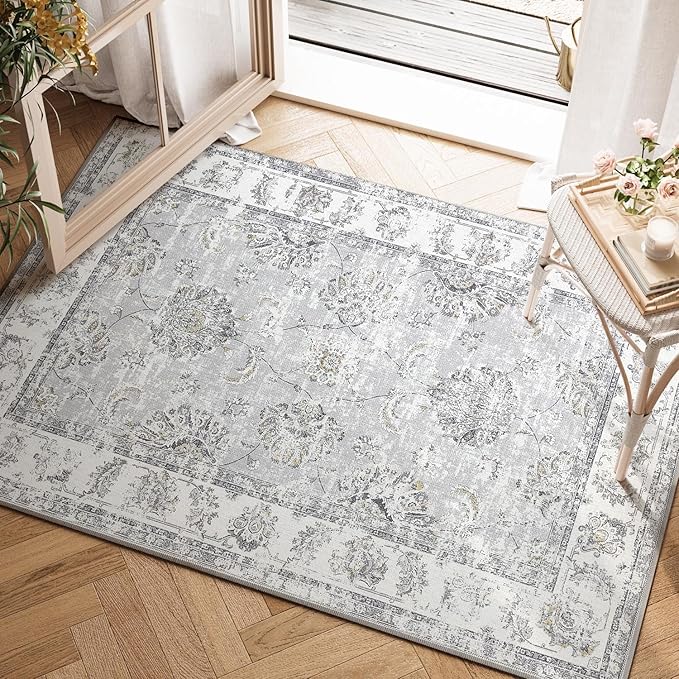 jinchan Floral 2x3 Rugs for Entryway - Vintage Washable Small Non-Slip Distressed Indoor Doormat Ultra-Thin Low-Pile Accent Rug for Entrance Kitchen Bedroom Bathroom (2x3ft,Grey)