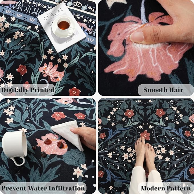 5x7 Washable Rug Vintage Floral Botanical Area Rug Non Slip Low Pile Large Rugs for Living Room, Bedroom, Farmhouse, Dining Room, Kids Playroom, Black