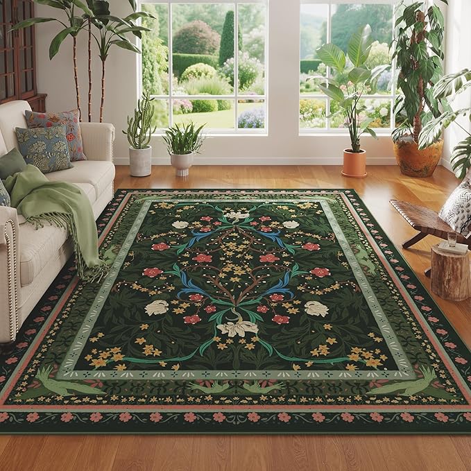 Area Rugs 8x10 for Living Room Clearance Washable Vintage Floral Botanical Rug Non Slip Low Pile Large Rug for Bedroom, Farmhouse, Dining Room, Kids Playroom, Green