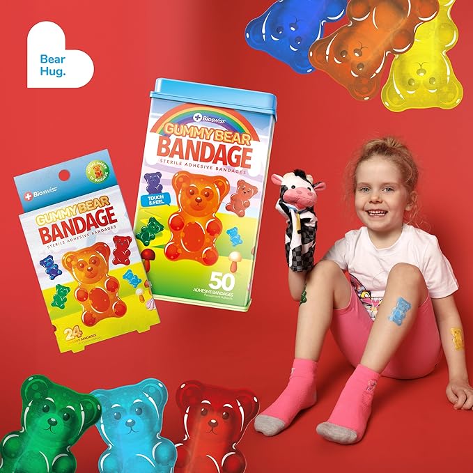 BioSwiss Bandages, Gummy Bear Shaped Self Adhesive Bandage, Latex Free Sterile Wound Care, Fun First Aid Kit Supplies for Kids, 50 Count