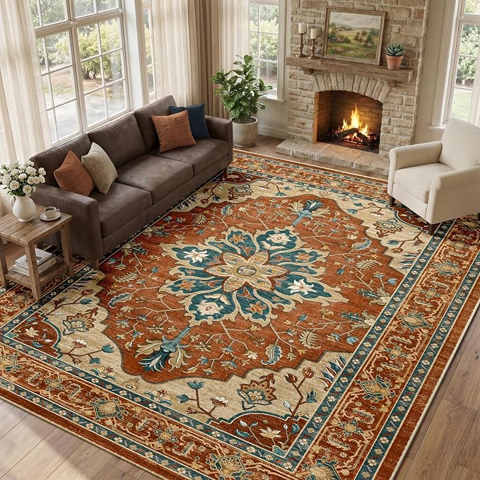 RELEANY Area Rugs Large 9'x12' Washable Non-Slip, Floral Vintage Distress
