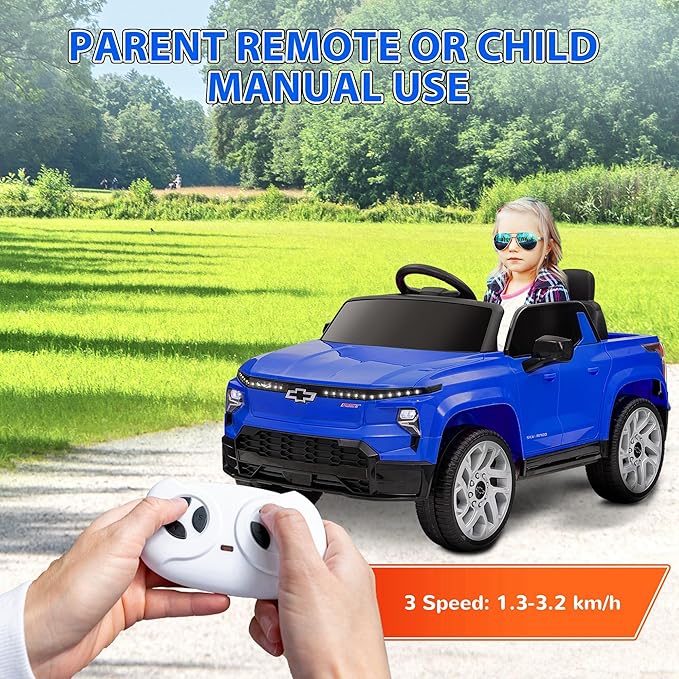 Qaba 12V Kids Ride on Truck, Chevrolet Silverado EV RST Licensed Electric Car with Parent Remote Control, Back Storage, Spring Suspension, Soft Start, Auxiliary Wheels, LED Lights, Music, MP3, Blue
