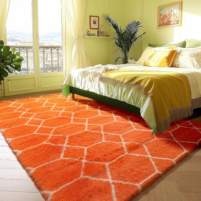 ONASAR Area Rugs for Bedroom Living Room, Washable 4x6 Fluffy Orange and White Throw Rug, Geometric Soft Shaggy Fuzzy Plush Indoor Floor Carpet for Kids Teen Nursery Dorm Office Home Decor Aesthetic