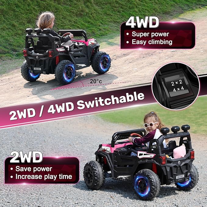 ANPABO 24V 4X4 Ride on Car Truck w/Remote Control, 4WD/2WD Switchable Kids UTV, 19" Spacious Seat, 4 Shock Absorbers, Soft Start, Music Player, Electric Car for Kids Ages 3+(Pink)
