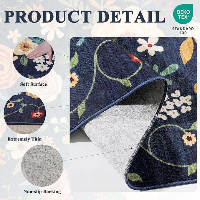 DUKINO Floral Round Rug, 6ft Washable Circle Rug, Non Slip Indoor Low Pile