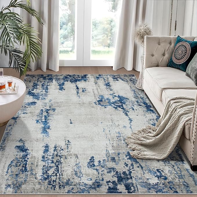 6x9 Area Rugs for Living Room Rug Washable: Modern Rug for Dining Room Bedroom Carpet Non Slip Low Pile 6 by 9 Indoor Abstract Nursery Home Office Blue White