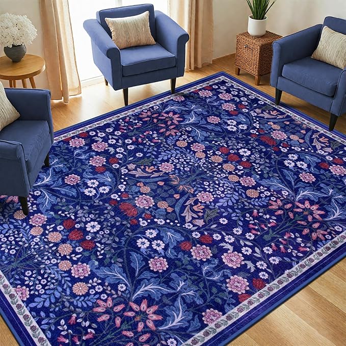 6x9 Area Rugs for Living Room: Floral Washable Rug Vintage Large Soft Boho Non-Slip Carpet Indoor Floor Stain Resistant Thin Carpets for Bedroom Dining Room Farmhouse Nursery Hallway Home Office Blue