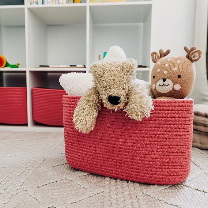OrganiHaus Coral Basket for Shelves, Decorative Cloth for Organizing, Cotton Rope Storage Basket for Toys, Small Woven Baskets for Storage