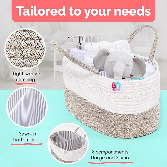 Rope Diaper Caddy - Storage for Baby and Toddler Items - Portable Cotton Organizer Easily Holds Diapers, Wipes, Clothing - Useful for Nursery, Bedroom (Beige, Extra Large)